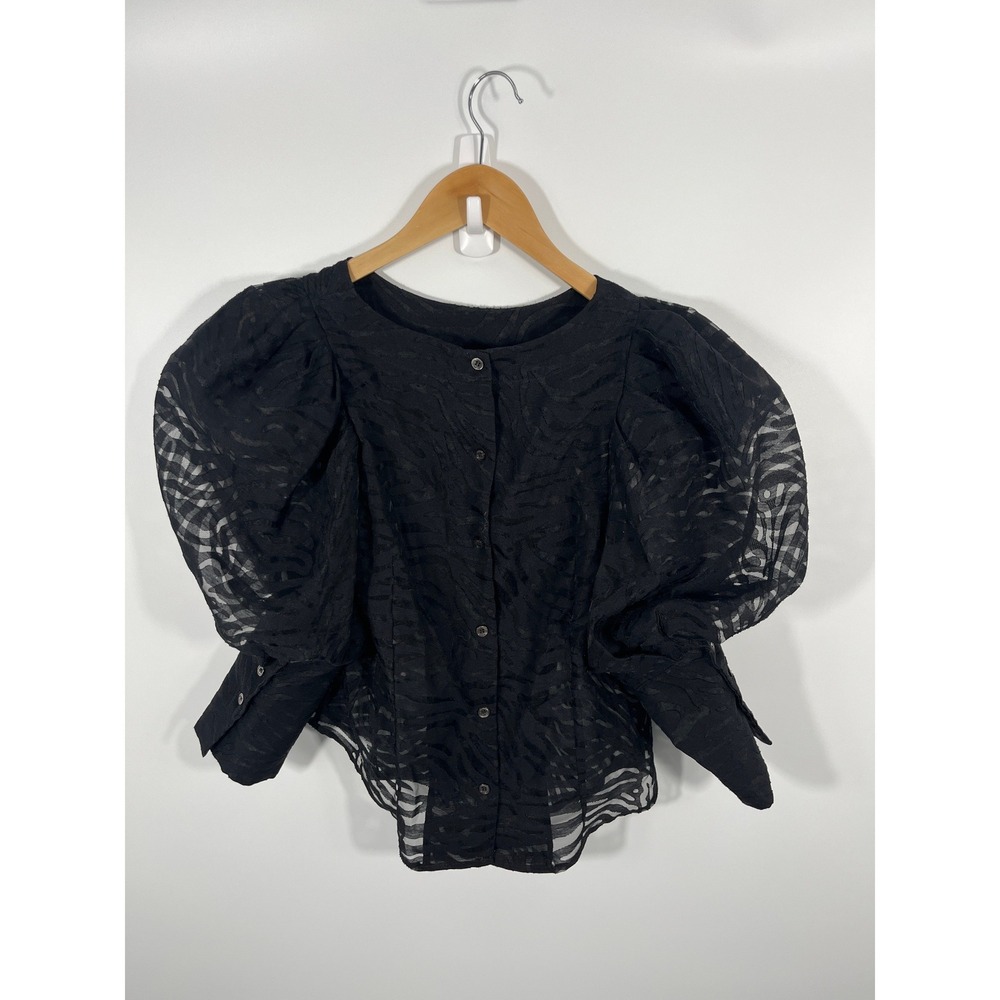 Gracia‎ Womens Top S Black Bailey Puff Sleeve Maximalist Statement Sheer Chic